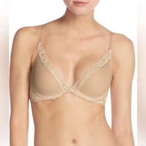 Natori Feathers Contour Plunge Underwire Bra Beige 34C Lace